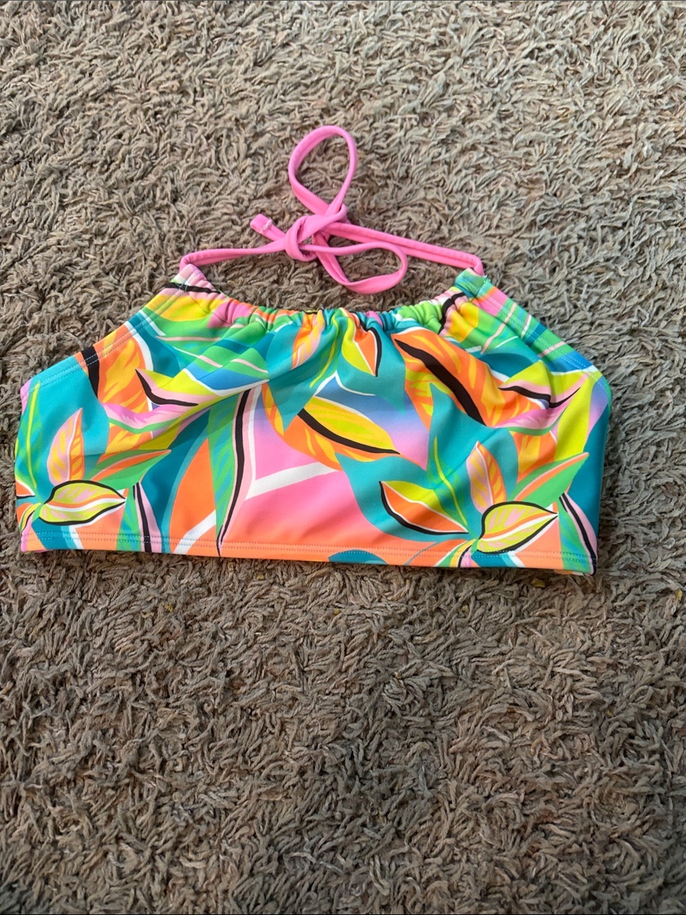 Cat & Jack Kids Tropical Leaf Halter Bikini Top - Pink, Teal & Yellow